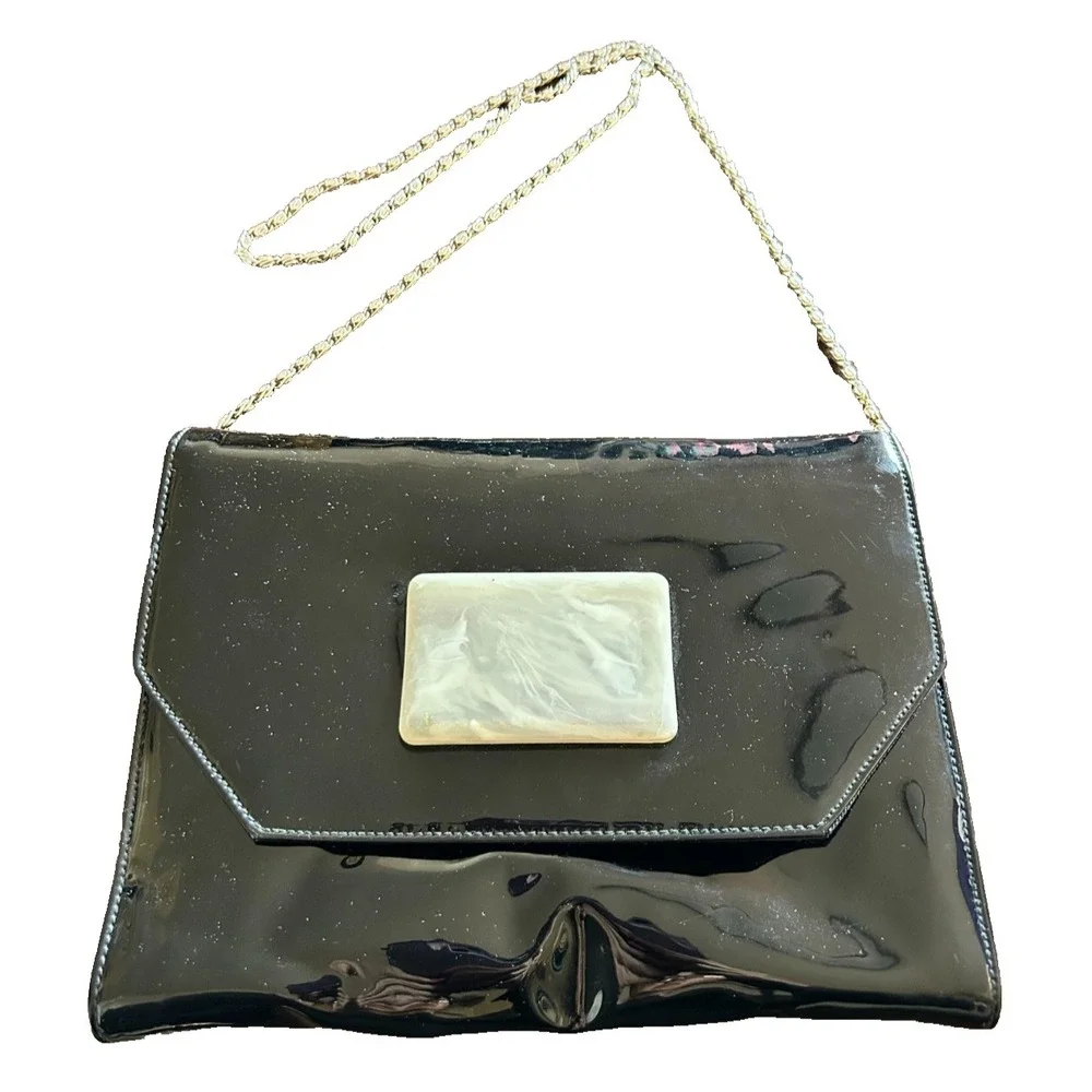 60s Patent Envelope Clutch Shoulder Purse Bag Marble Lucite Detail Chain Black
